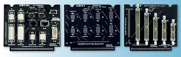 Figure 1. Unlimited by connector type, connector adaptor boards may be populated with groups of connectors, or left bare for customisation. Shown here are examples of configuration solutions for USB, D-Sub, nano-D, micro-D, IDC wire-mount sockets, and more.